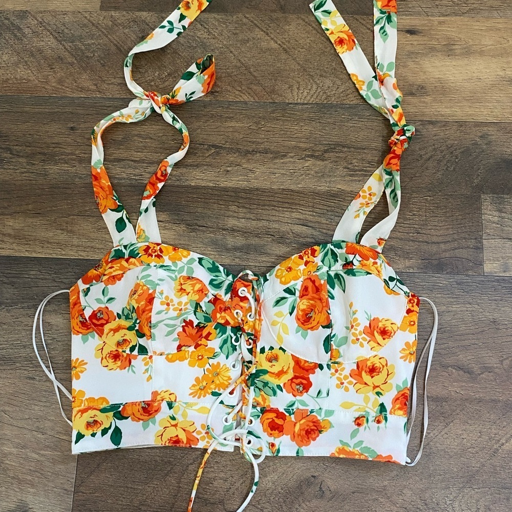 Wayf Orange and Yellow Floral Lace-Up Tank Top